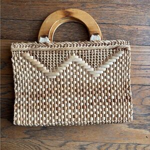 Handcrafted Tan Woven Bag with Wooden Handles Vintage